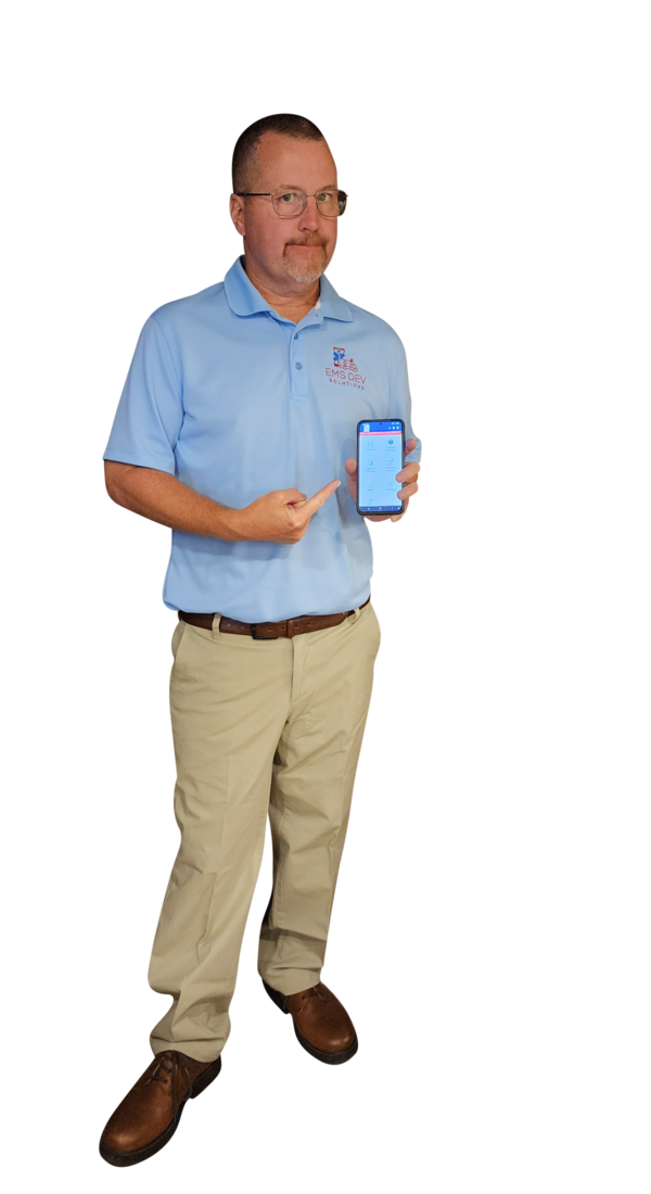 Sam Boyer, founder of EMS Dev Solutions, holding a phone showing the EMS Protocols To-Go app