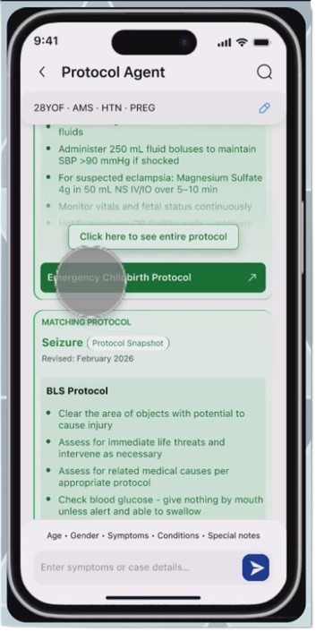 The module offering the Emergency Childbirth Protocol, with a prompt to see the entire protocol