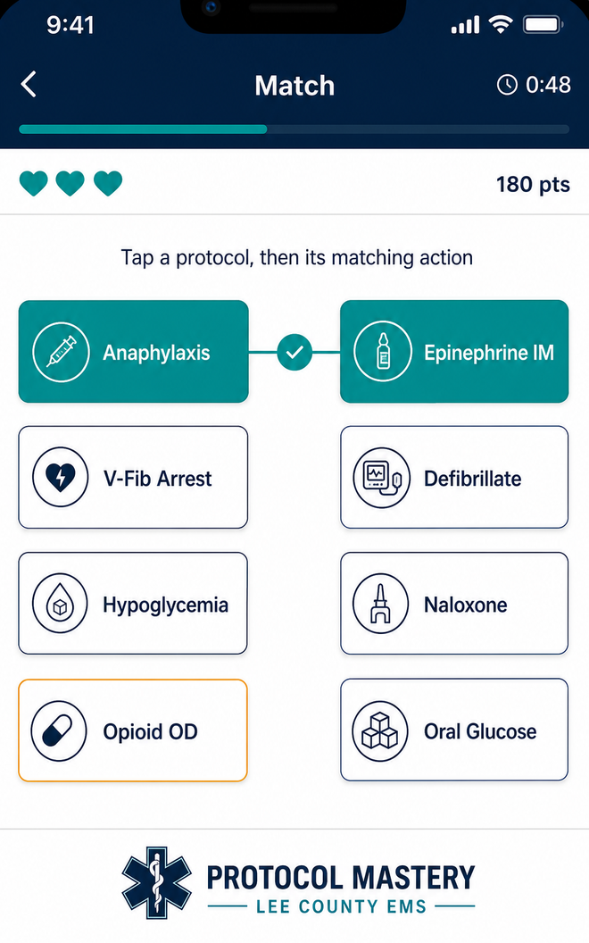 Match game pairing protocols such as Anaphylaxis with Epinephrine IM