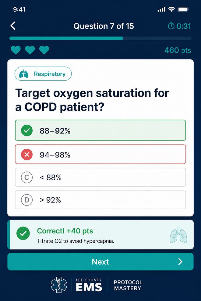 Quiz Mode question about target oxygen saturation for a COPD patient