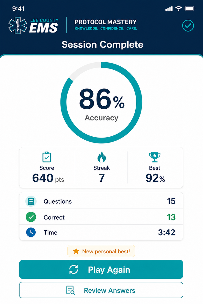 Session results screen showing 86 percent accuracy, streak and personal best