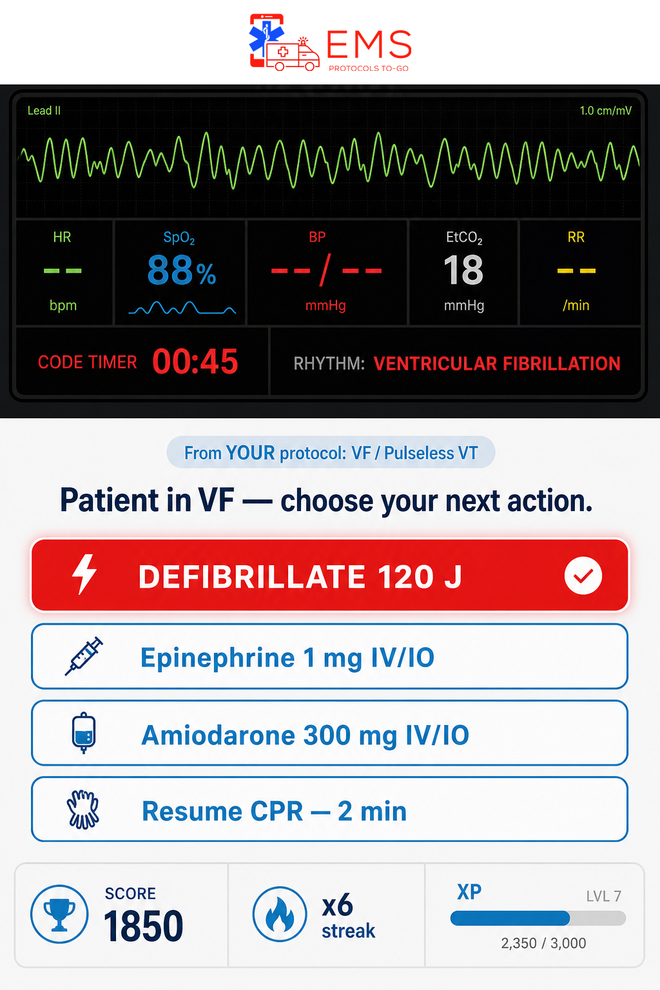 Code Simulator screen showing a ventricular fibrillation rhythm and action choices