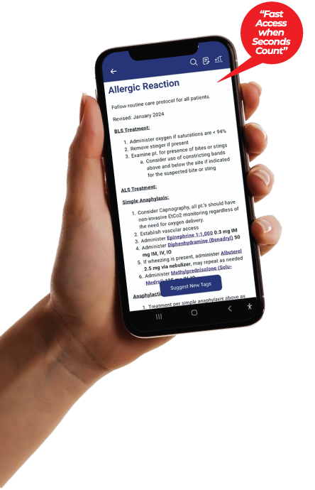 A hand holding a phone showing the Allergic Reaction protocol, with the caption “Fast Access when Seconds Count”