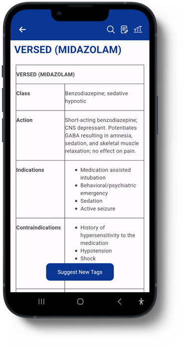 The Versed (Midazolam) drug card in the app