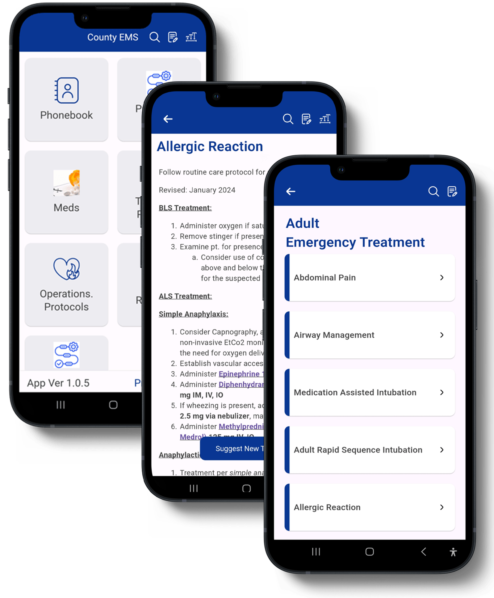 EMS Protocols To-Go app shown on two smartphones
