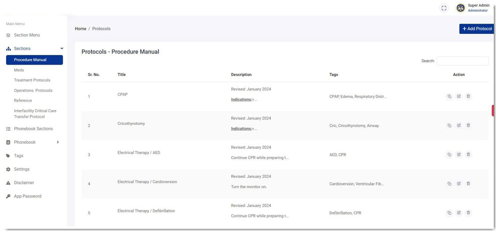 The admin portal listing protocols with their revision dates and tags